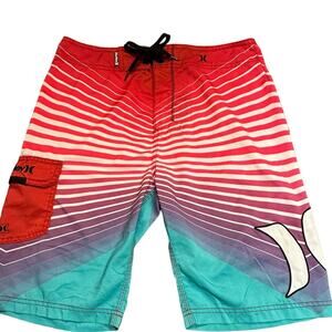 Hurley Mens Size 31 Red and Teal Print Swim Trunks